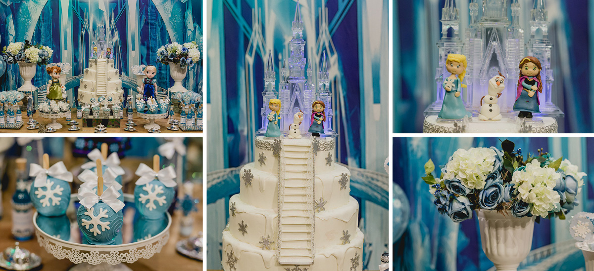 detalhes da mesa do bolo com o tema frozen