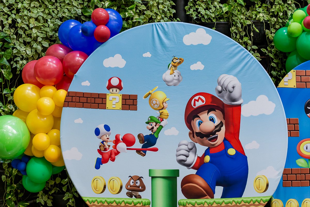 fotografias do aniversário de 5 anos do Pedro com o tema mario bros no buffet espaço la vem o sol unidade vila olimpia zona sul sao paulo sp