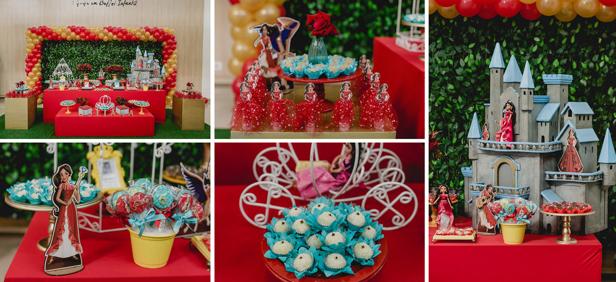 detalhes da mesa do bolo com o tema helena