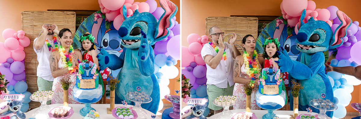 fotografias do aniversário de 6 anos da catarina com o tema lilo e stich no quintal de casa em cotia sp