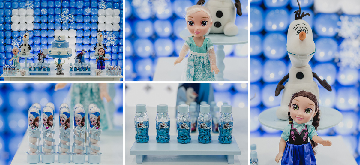 Detalhes da mesa do bolo com o tema Frozen Ana e Elsa