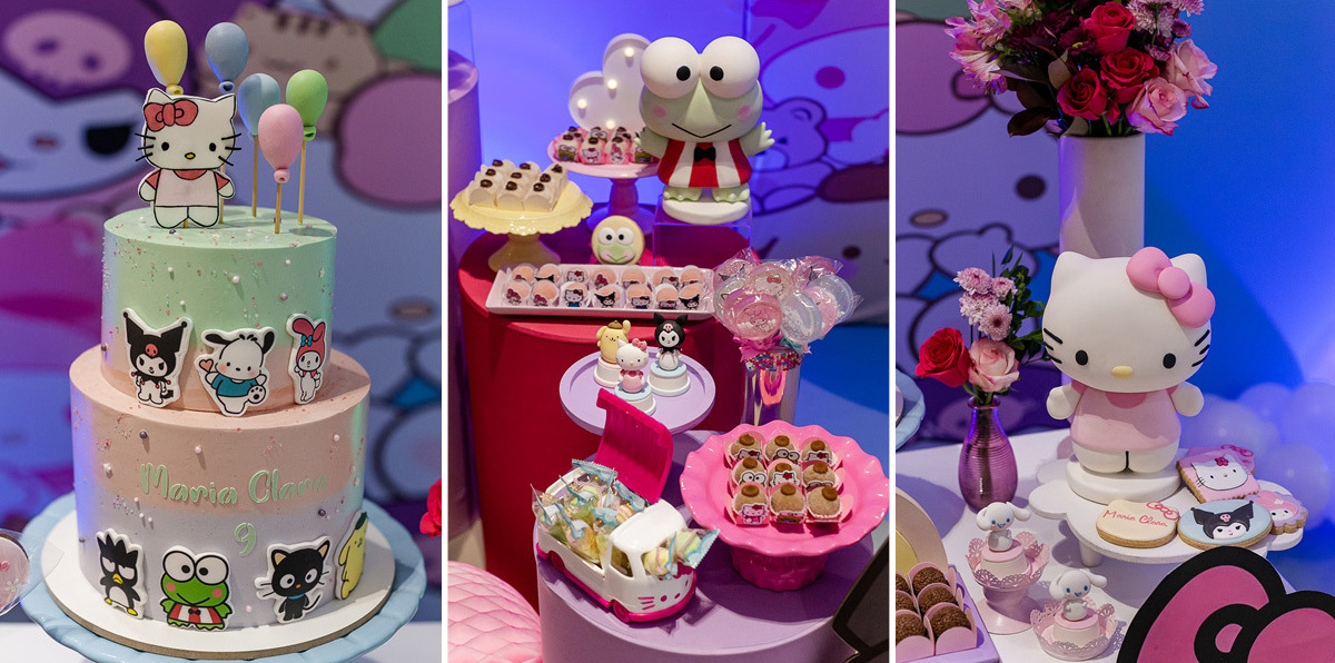 fotografias do aniversário de 9 anos da Maria Clara com o tema Hello Kit no salão de festa do condominio no panamby morumbi zona sul de sao paulo sp