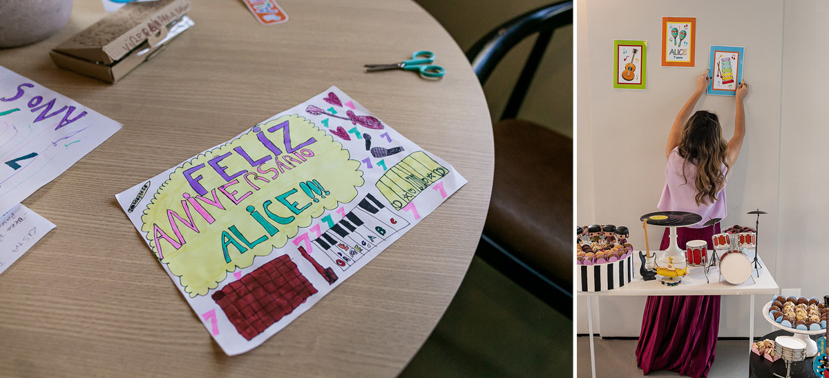 fotografias do aniversário de 7 anos da Alice com o tema musica e beatles no salao de festas do condominio na zona sul de sao paulo sp