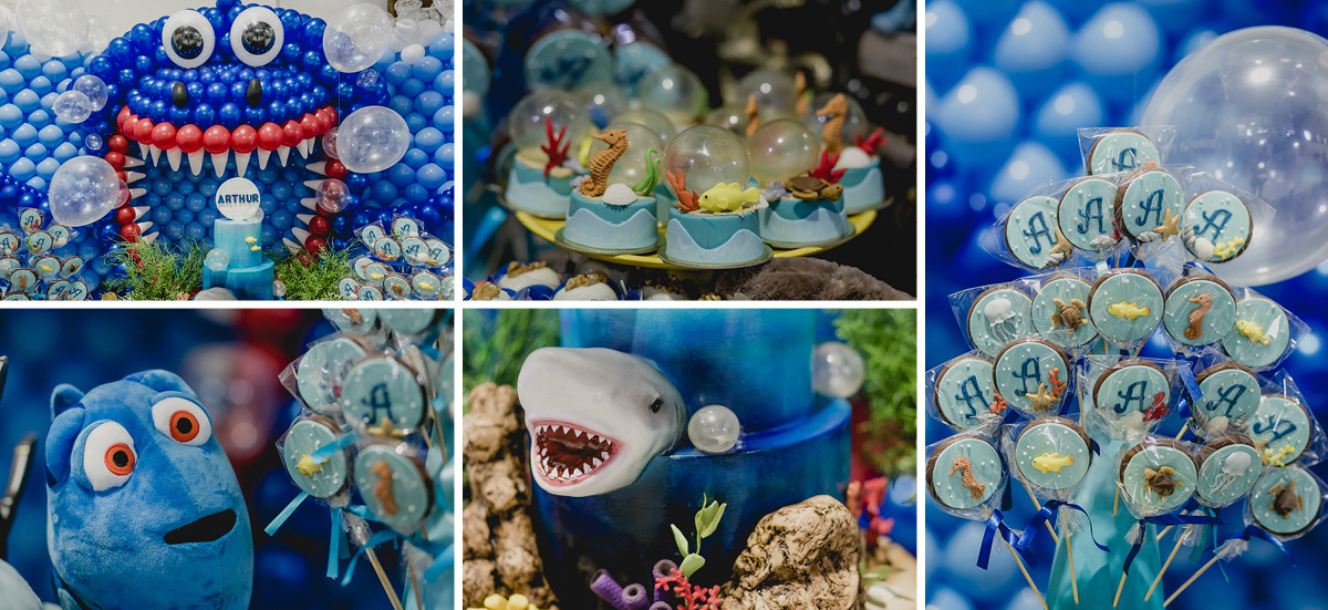 detalhes da mesa do bolo com o tema fundo do mar