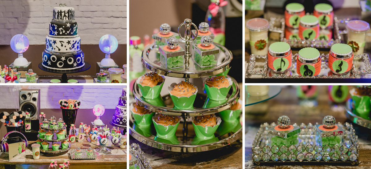 detalhes da mesa do bolo com o tema discoteca