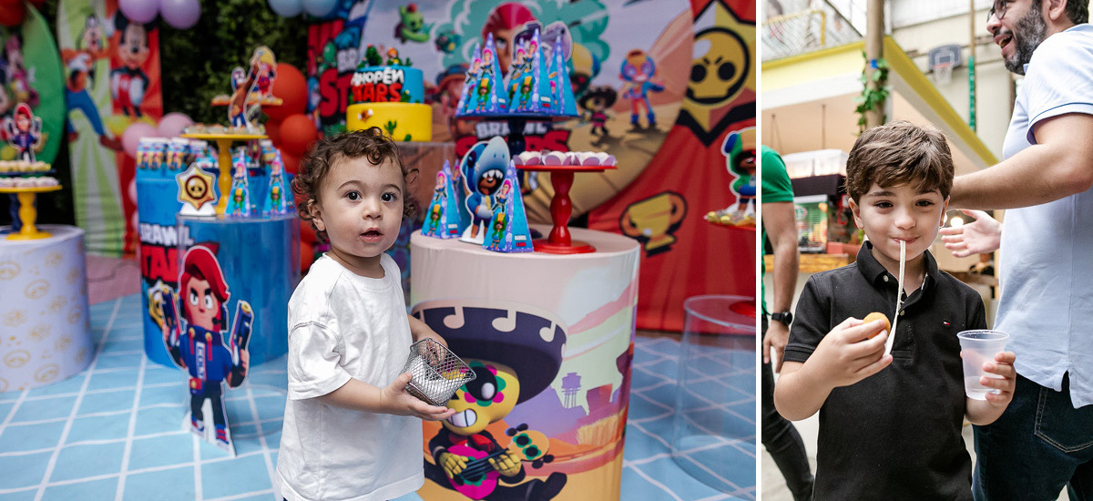 fotografias do aniversário de 8 anos do gabriel e 2 anos da leticia com o tema brawl star e mickey mouse no buffet espaço la vem o sol na vila olimpia zona sul de sao paulo sp