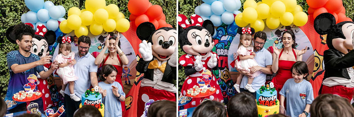 fotografias do aniversário de 8 anos do gabriel e 2 anos da leticia com o tema brawl star e mickey mouse no buffet espaço la vem o sol na vila olimpia zona sul de sao paulo sp