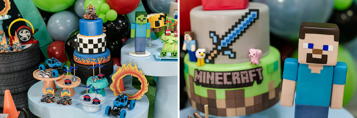 fotografias do aniversário de 7 anos do benny e do dan com o tema minecraft e hotwhells no buffet pimentas no reino em santo andre sao paulo sp