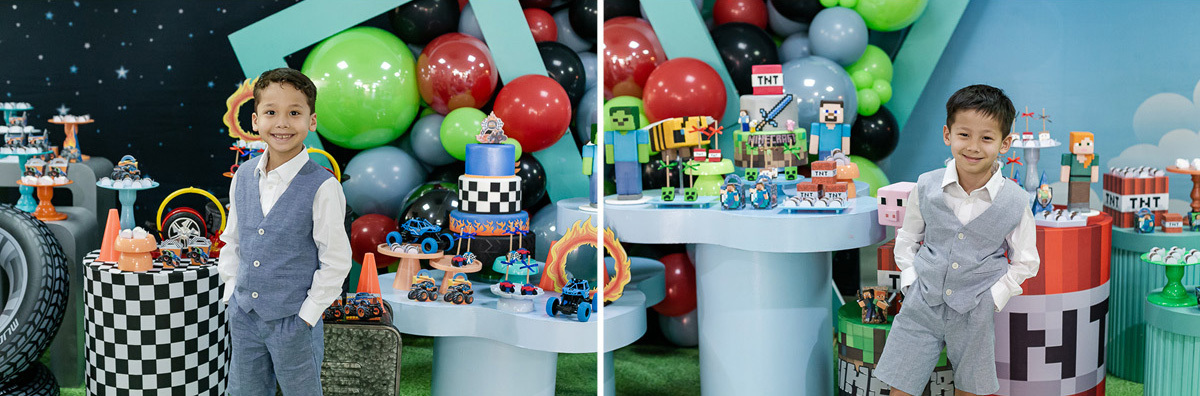 fotografias do aniversário de 7 anos do benny e do dan com o tema minecraft e hotwhells no buffet pimentas no reino em santo andre sao paulo sp