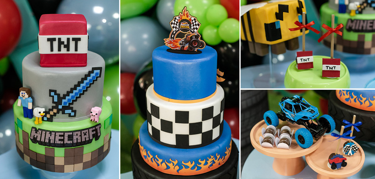 fotografias do aniversário de 7 anos do benny e do dan com o tema minecraft e hotwhells no buffet pimentas no reino em santo andre sao paulo sp