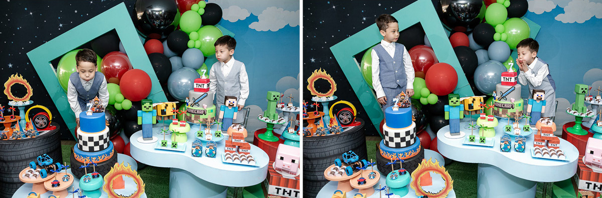 fotografias do aniversário de 7 anos do benny e do dan com o tema minecraft e hotwhells no buffet pimentas no reino em santo andre sao paulo sp