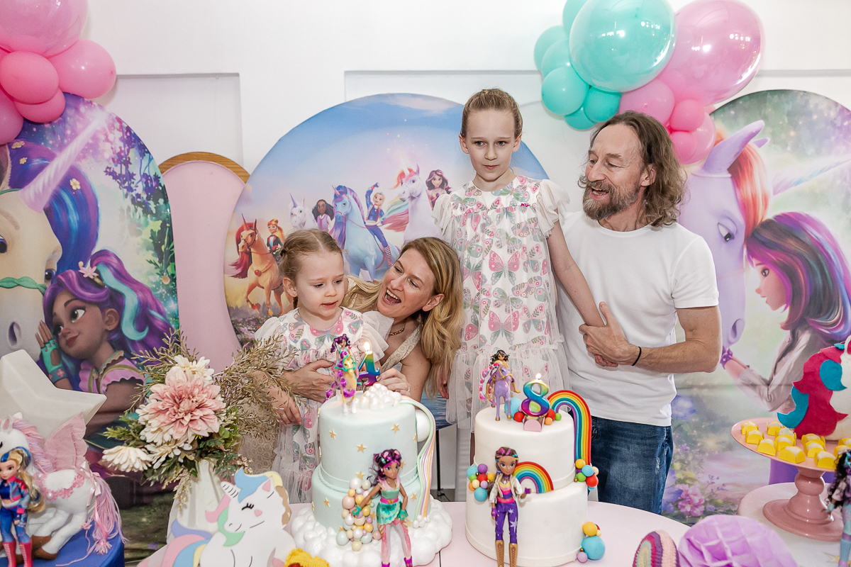 fotografias do aniversário de 4 anos da giulia e 8 anos da sofia com o tema unicornio no buffet espaço bumxicabum localizado em santana zona norte de sao paulo sp