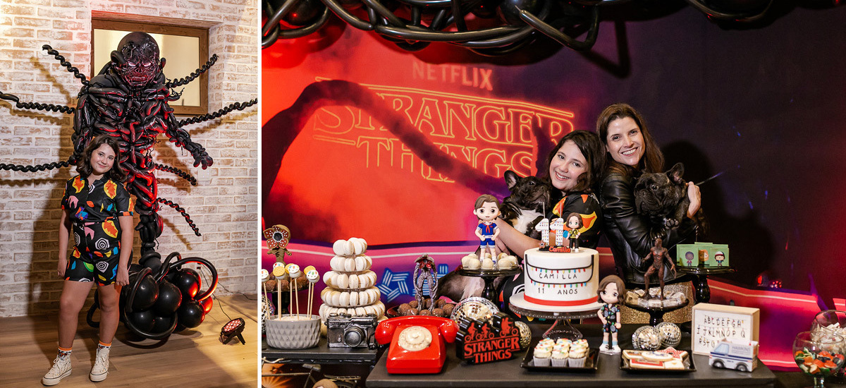 fotografias do aniversário de 11 anos da camilla com o tema strager things no quintal de casa no condominio kurumin em itu sp