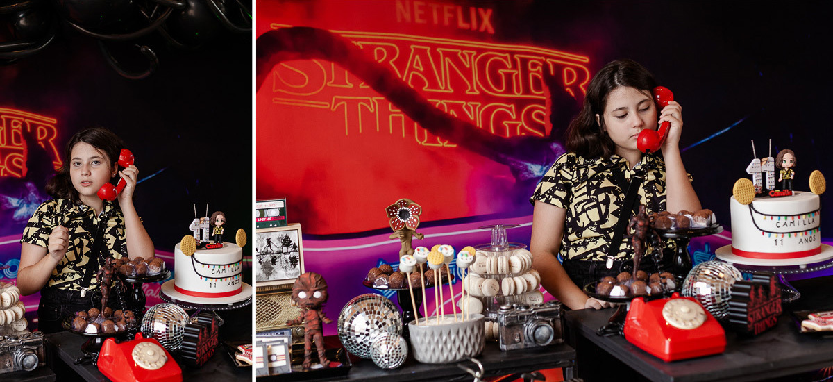 fotografias do aniversário de 11 anos da camilla com o tema strager things no quintal de casa no condominio kurumin em itu sp