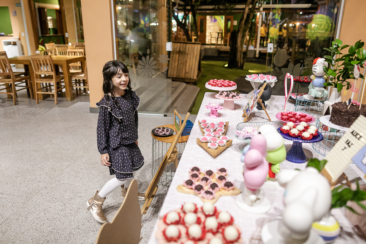 fotografias do aniversário de 7 anos da Alice com o tema hello kit no buffet jardim da manduri no campo belo zona sul de sao paulo sp