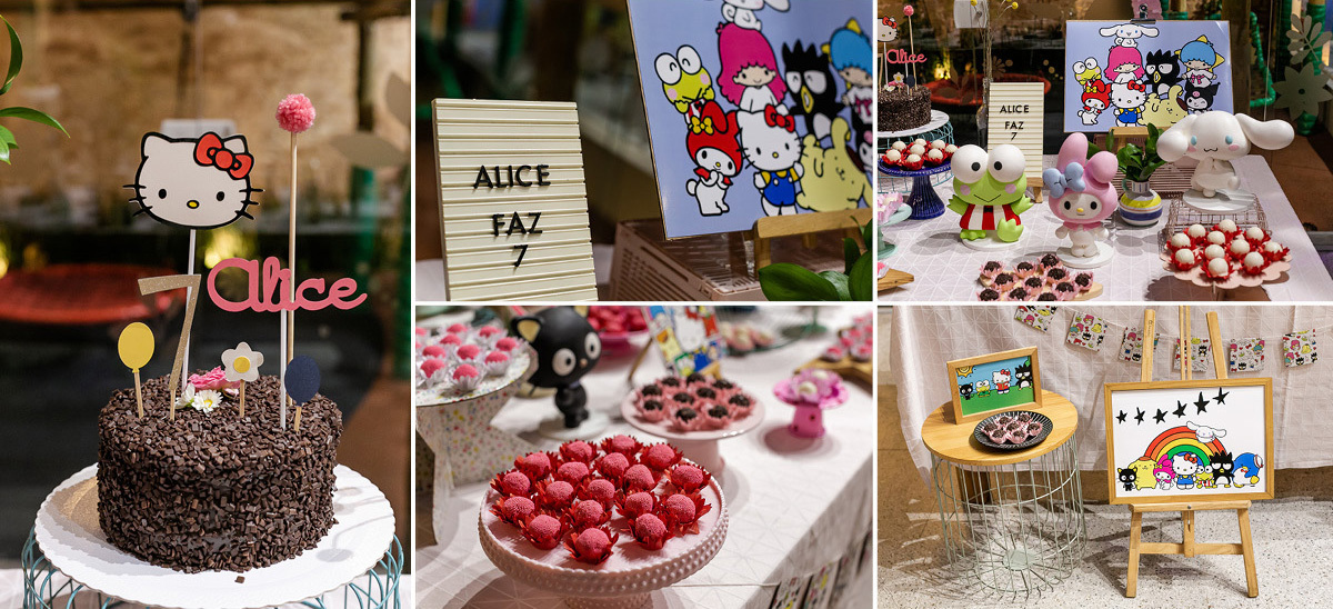 fotografias do aniversário de 7 anos da Alice com o tema hello kit no buffet jardim da manduri no campo belo zona sul de sao paulo sp