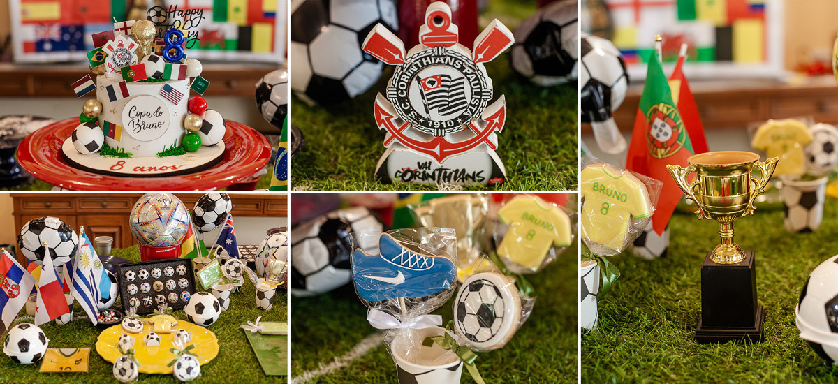 fotografias do aniversário de 8 anos do bruno com o tema copa no mundo no quintal de casa no condominio sao pedro no guaruja sp