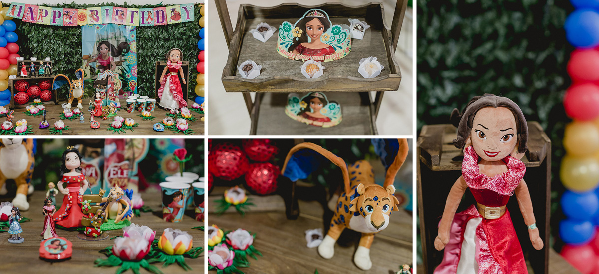 detalhes da mesa do bolo com o tema helena de avalor