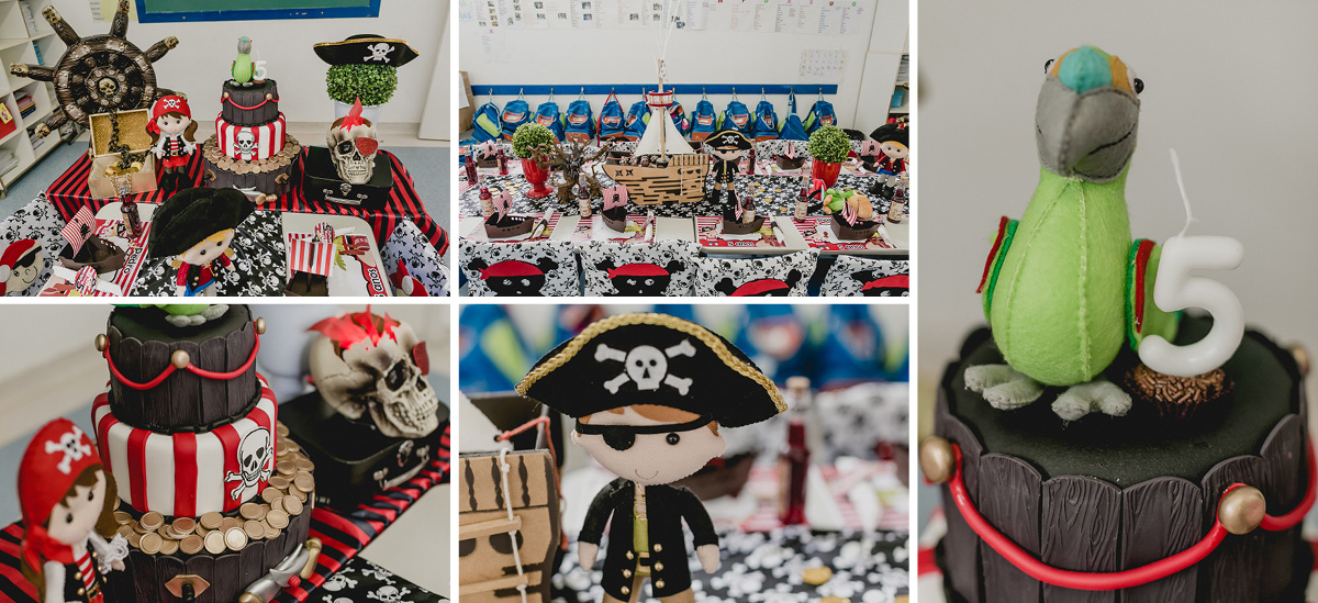 detalhes da mesa do bolo com o tema piratas