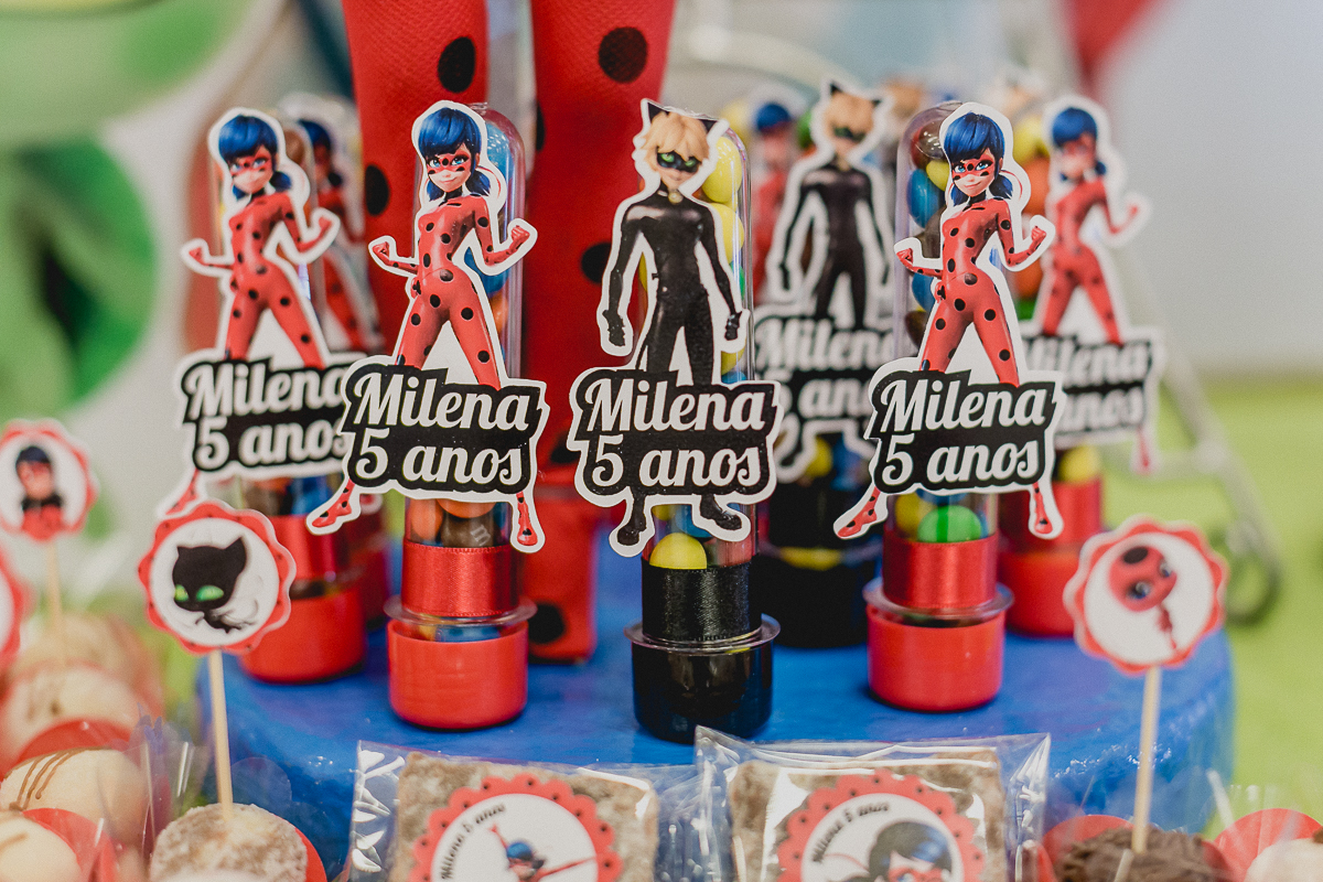 detalhes da mesa do bolo com o tema da ladybug