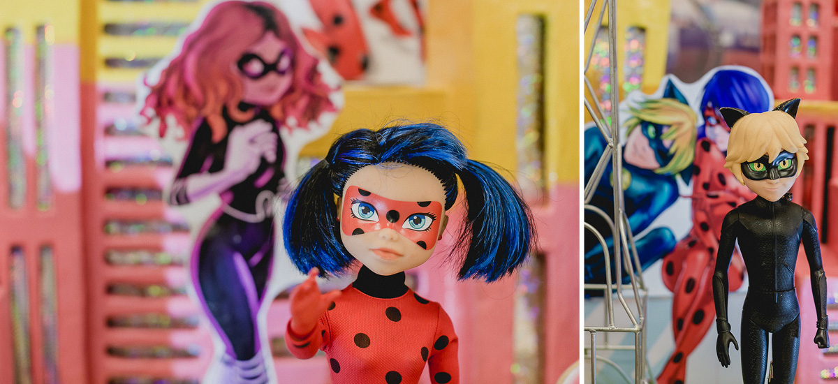 boneca da ladybug na mesa do bolo