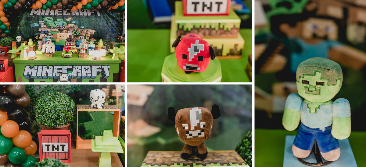 detalhes da mesa do bolo com o tema minecraft
