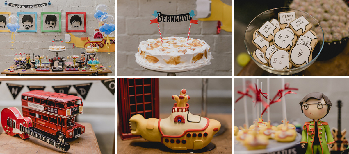 detalhes da mesa do bolo com o tema dos beatles