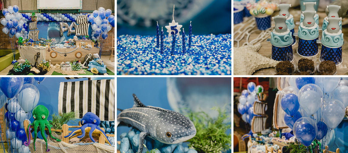 detalhes da mesa do bolo com o tema tubaroes feita pela chiara marcelli