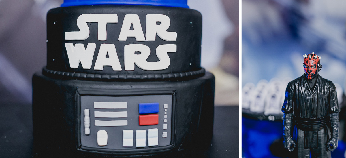 detalhes da mesa decorada com o tema star wars e feita pela cleuza ferreira decorações com bolo do gustavo henrik cake designer