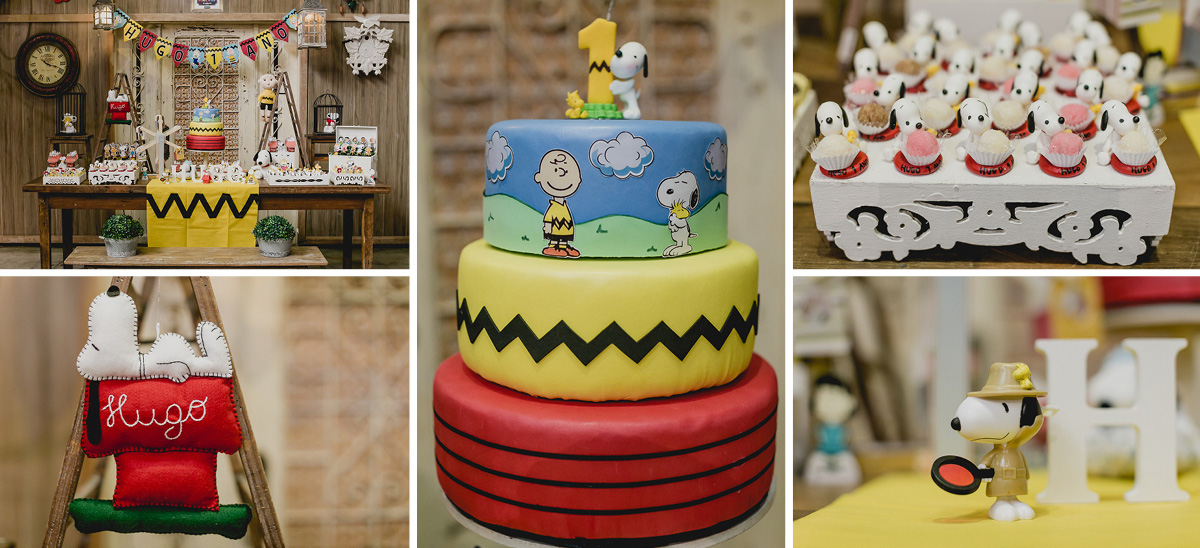 mesa do bolo com o tema charlie brown