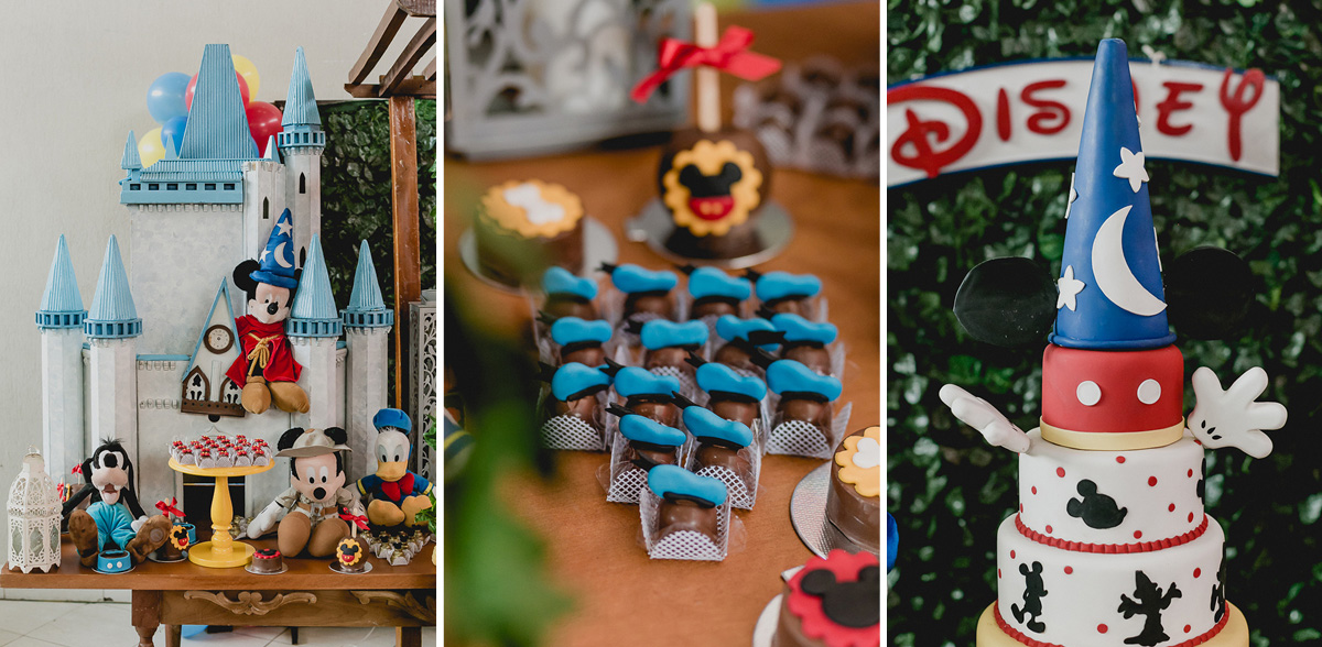 detalhes da mesa do bolo com o tema mickey e minnie