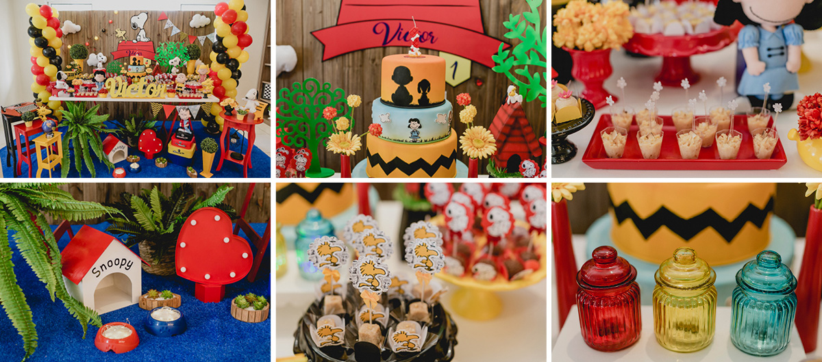 detalhes da mesa do bolo com o tema snoop