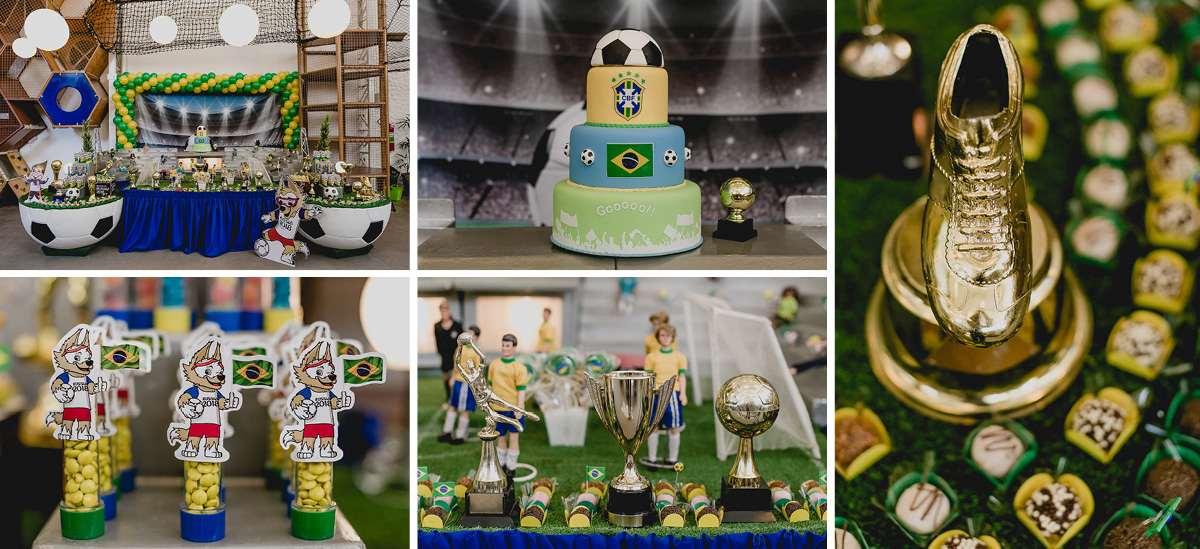 mesa do bolo com o tema brasil e copa do mundo