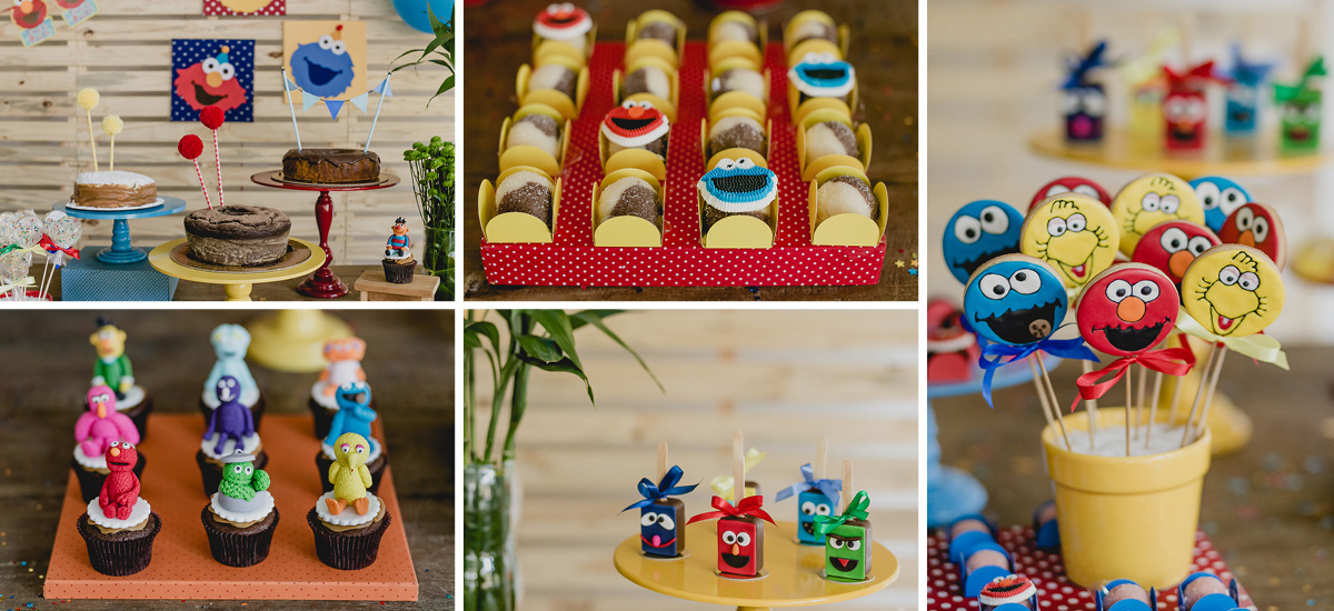 detalhes da mesa do bolo com o tema vila sesamo feita pela mini mimo festas