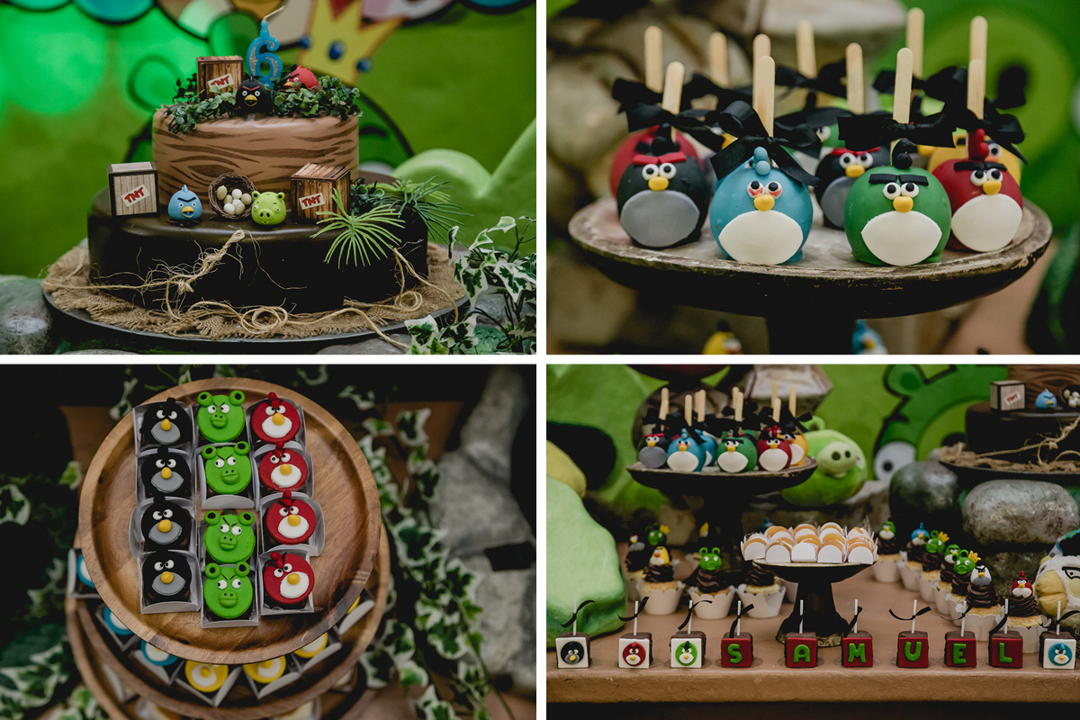 Detalhes da mesa do bolo Angry Birds na festa de 6 anos do Samuel no no Espaço Diversão e Arte - Zona Norte - SP