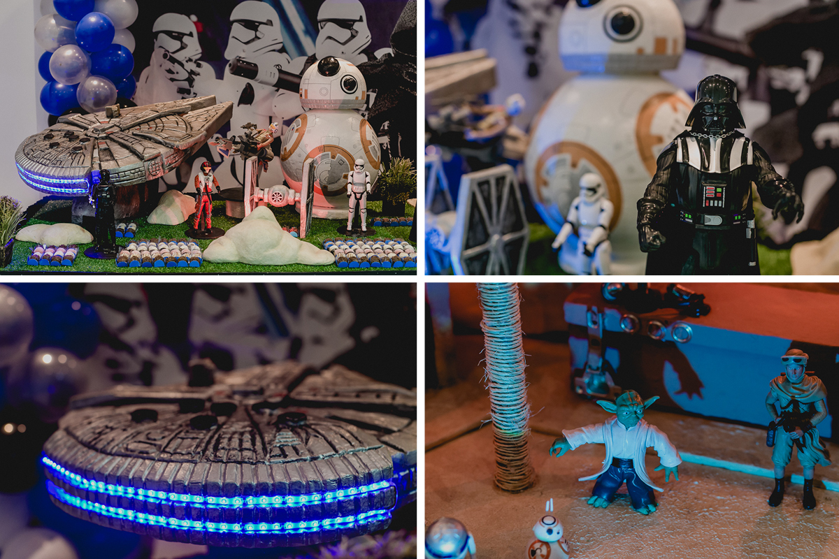 detalhes da mesa do bolo com o tema star wars