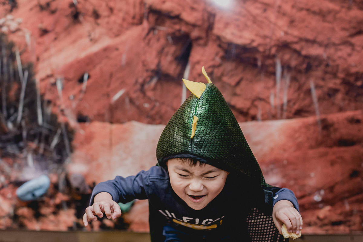 convidado brincando de dinossauro