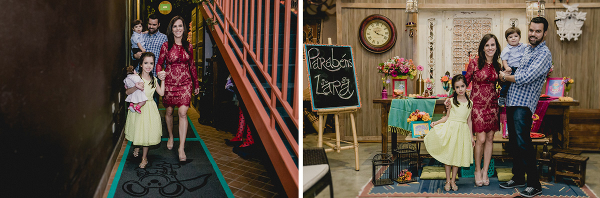 Chegando no buffet e foto na frente da mesa do bolo