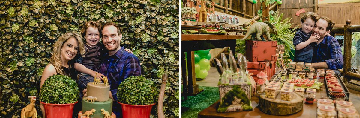 retrato em familia na frente da mesa do bolo