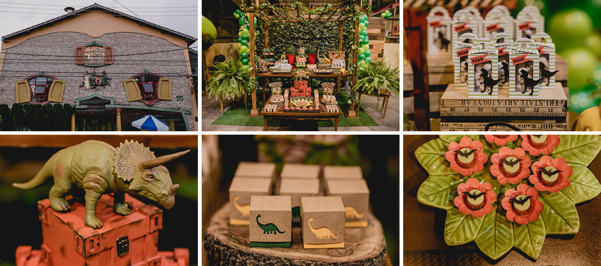 fachada do buffet espaço zoe e detalhes da mesa de dinossauros