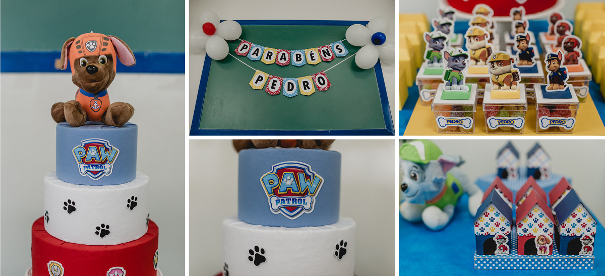 detalhes da mesa do bolo com o tema paw patrol