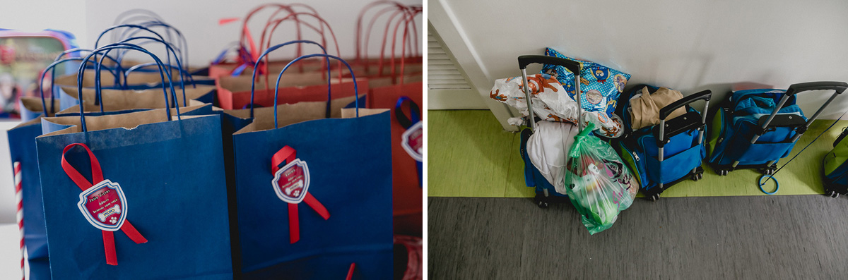 detalhes da lembrançinha e das mochilas na porta da sala de aula