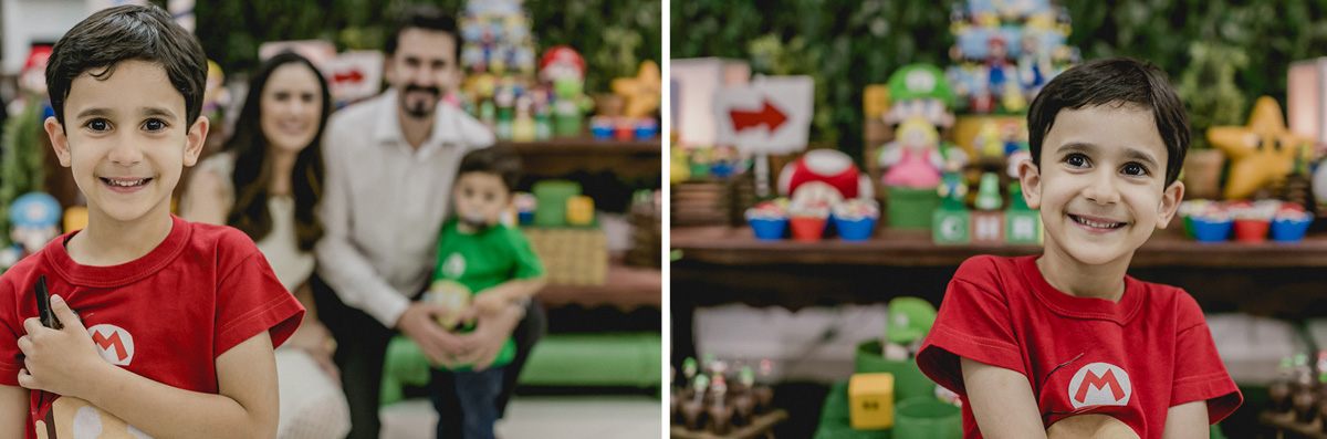 retratos em familia na frente da mesa do bolo do mario bros