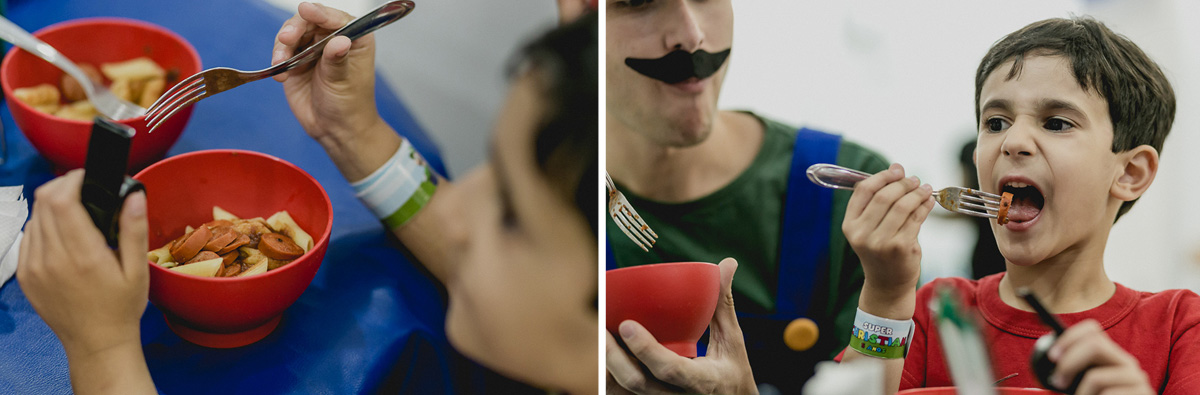 chris comendo macarrão antes da bagunca