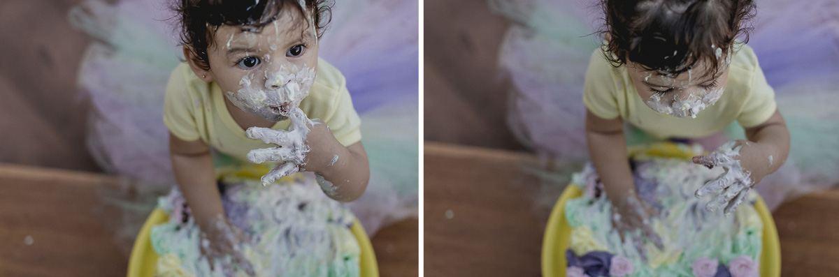 rosto todinho sujo no smash the cake e a lia se divertindo