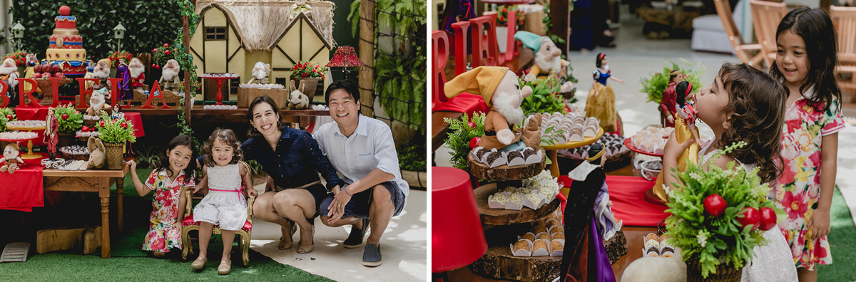 retrato em familia na frente da mesa do bolo