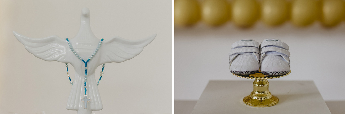 Detalhes do crucifixo e do sapatinho utilizado no batizado