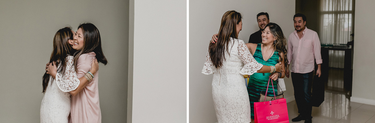 Recebendo e abraçando os convidados