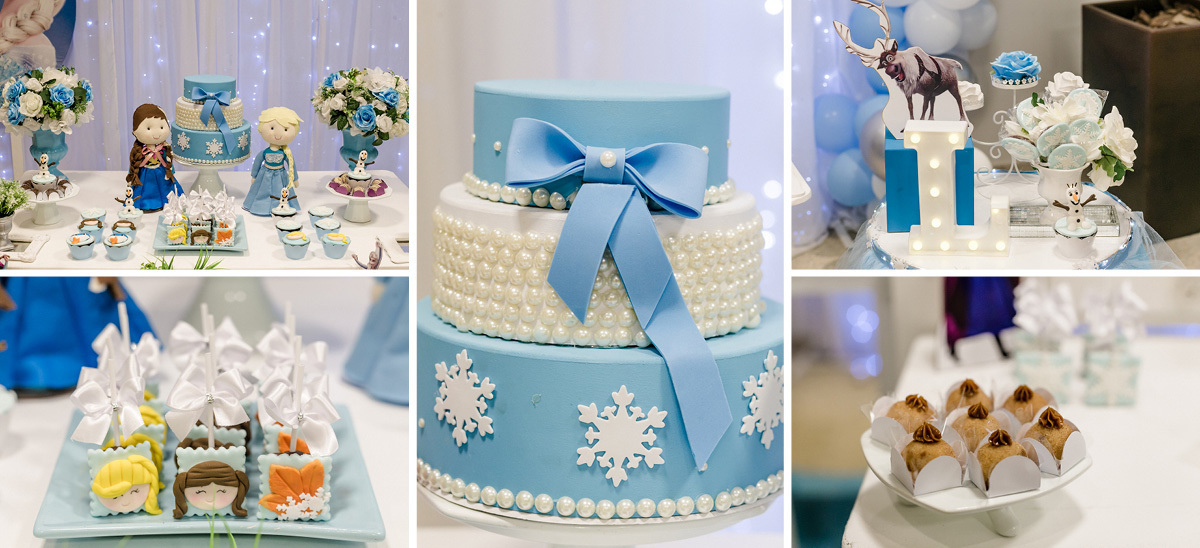 detalhes da mesa do bolo com tema frozen