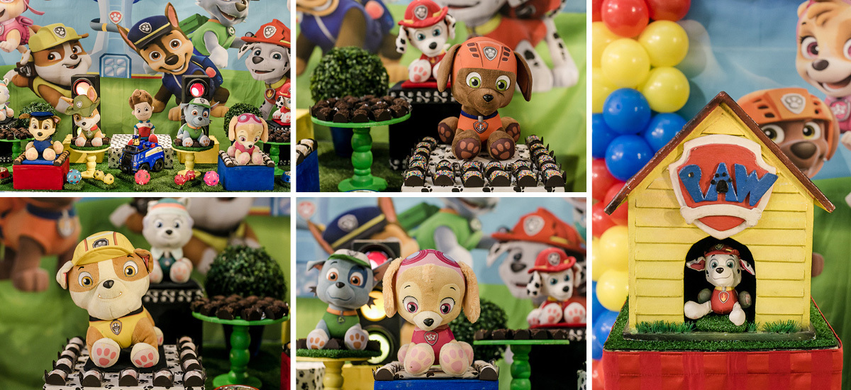 detalhes da mesa de aniversario com o tema patrulha canina
